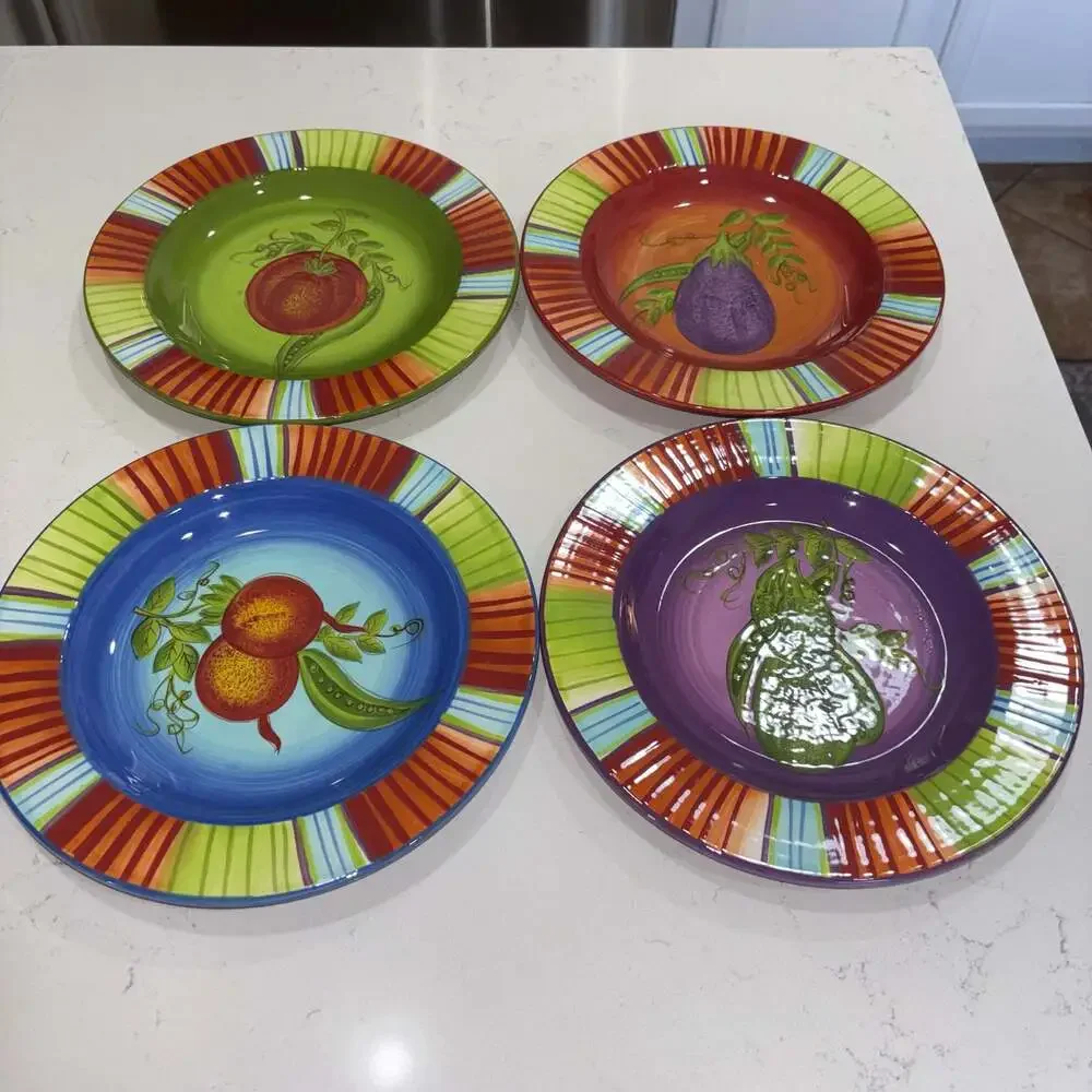 Laurie Gates Market Garden Set of 4 Assorted Vegetable Dinner Plates